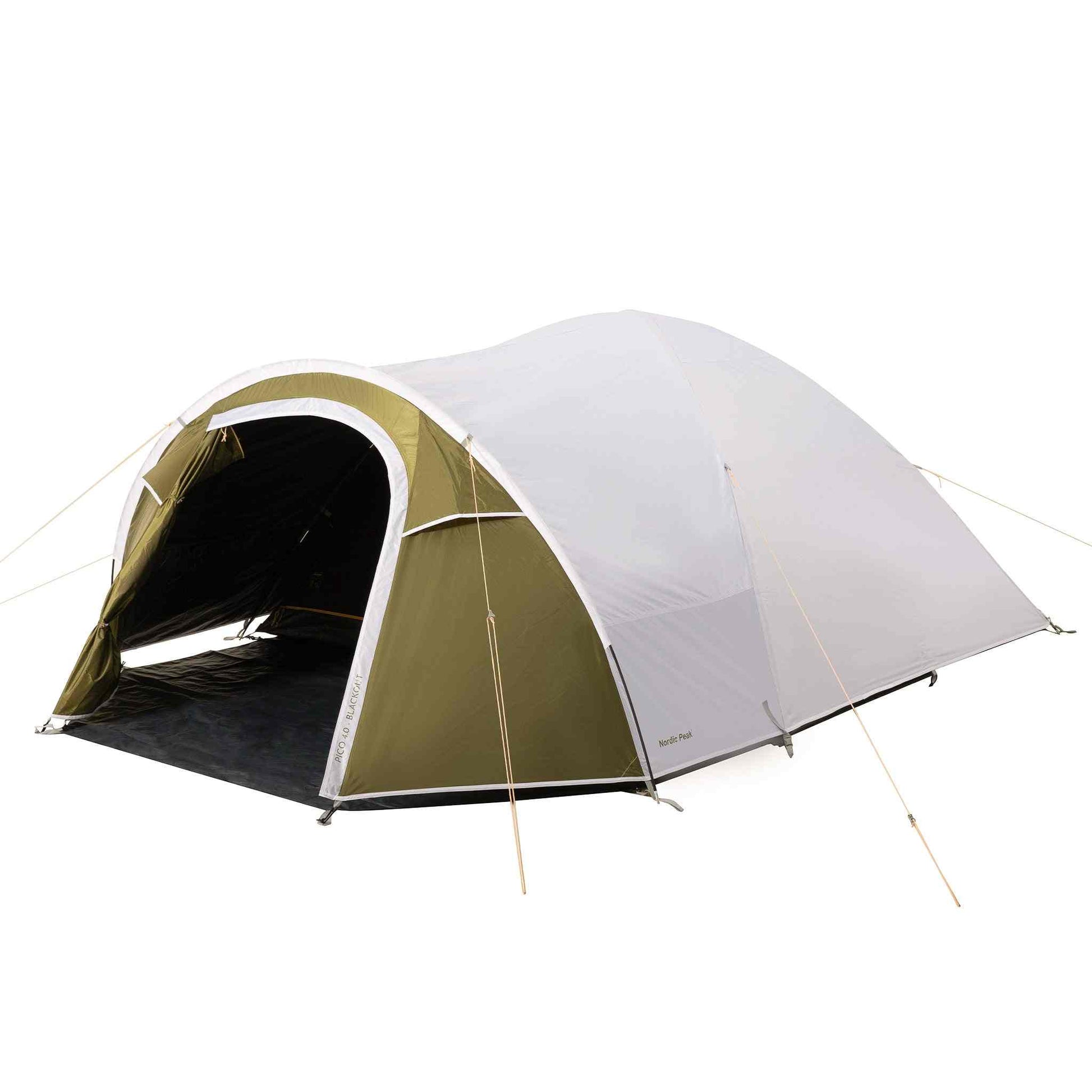 4-person XL blackout festival tent with large vestibule, green and white design.