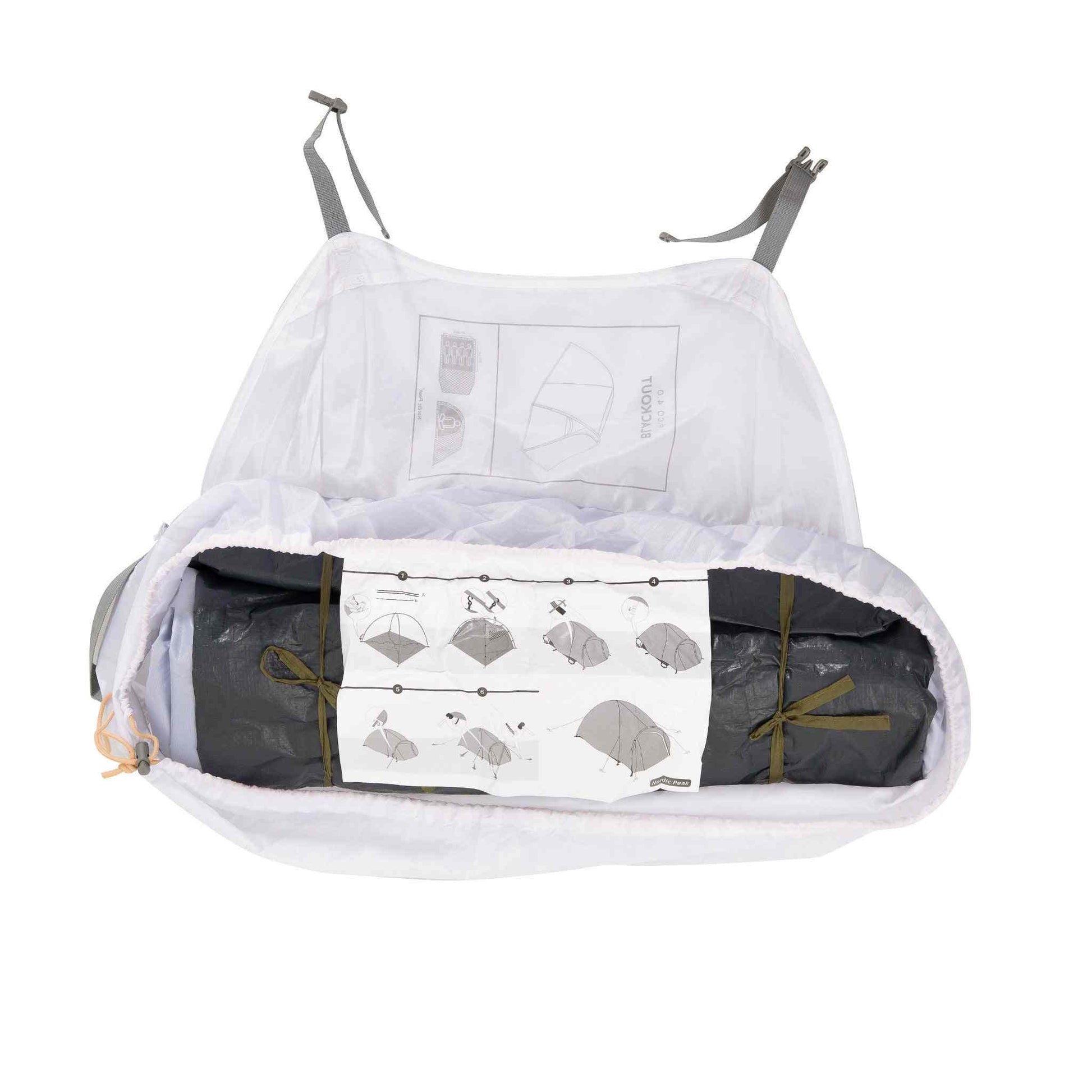 Blackout festivaltelt XL for 4 personer, pakket i robust transportpose med manual.