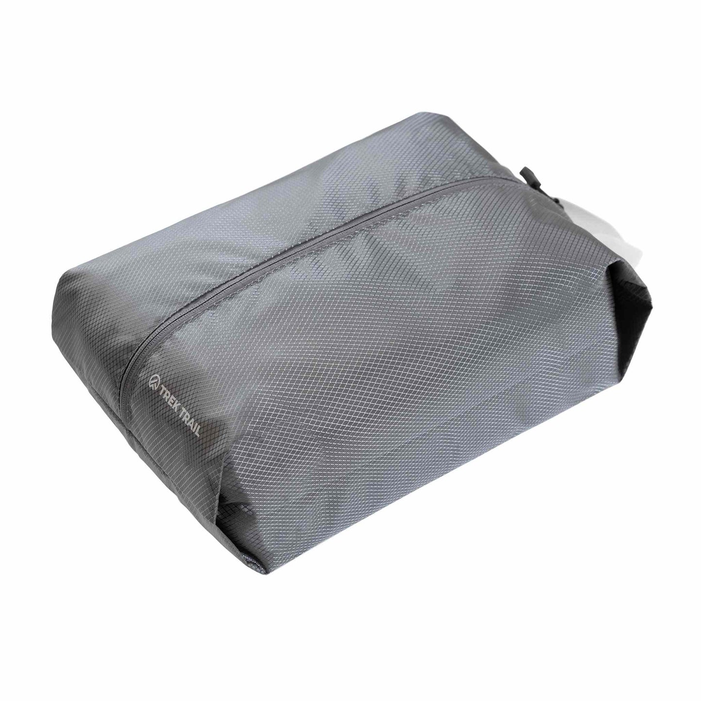 Gray waterproof shoe storage bag, compact design, ripstop material.