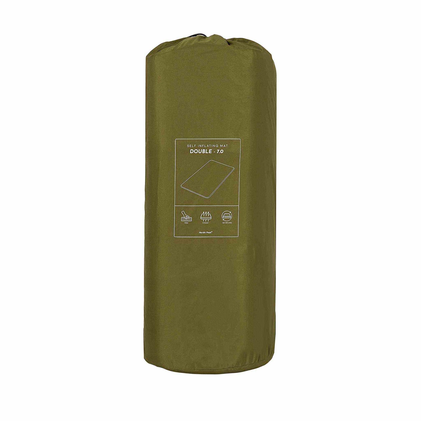 Self-inflating double sleeping pad, 9 cm thick, packed in a compact green bag.