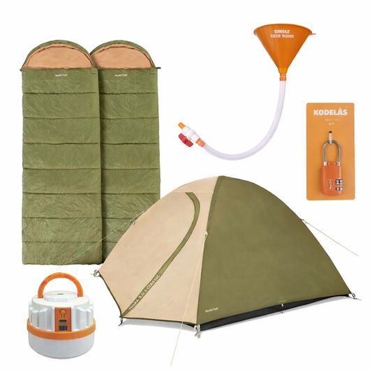 Festivalpakke til 2-3 personer med 3 personers telt, 2 soveposer, ølbong, kodelås og genopladelig lampe