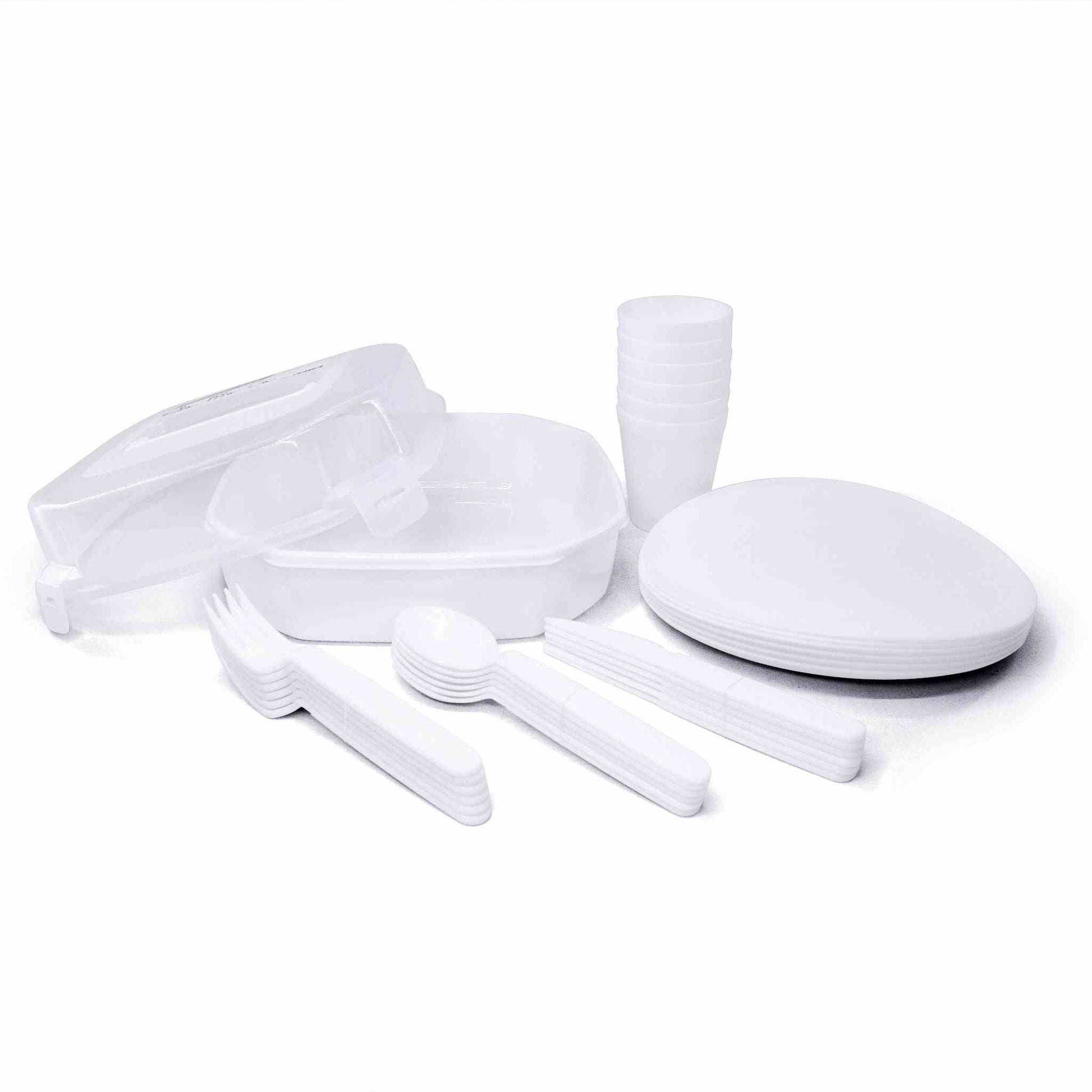 Reusable plastic picnic box set with 30 pieces including plates, cups, forks, knives, and spoons.