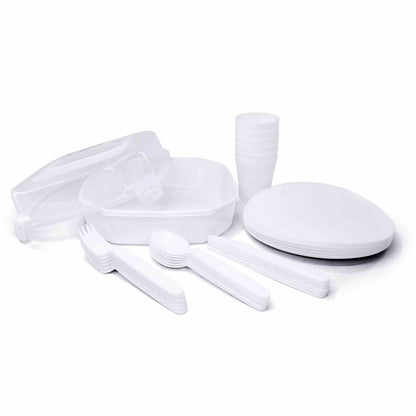 Reusable plastic picnic box set with 30 pieces including plates, cups, forks, knives, and spoons.