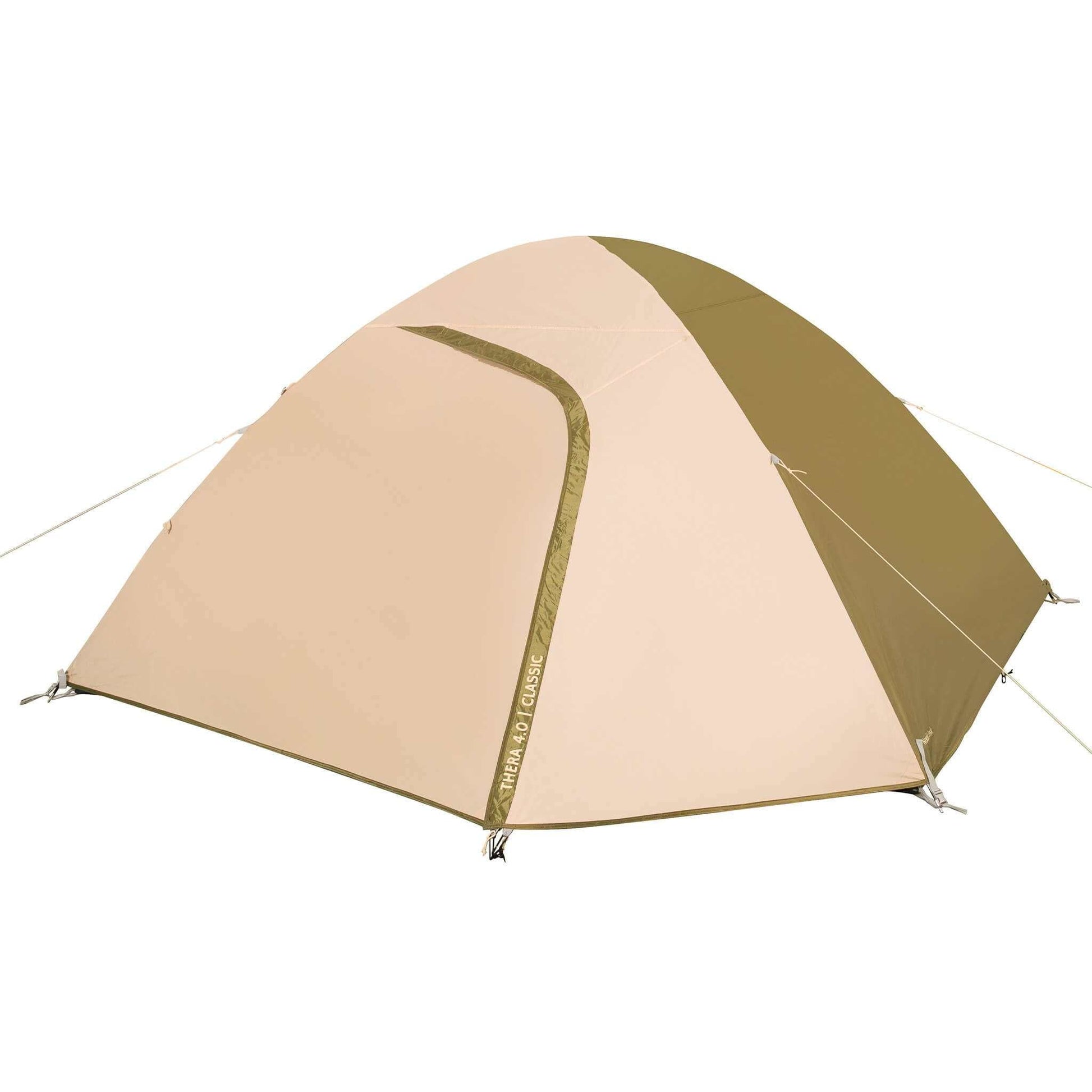 4-person festival tent, waterproof design, beige and green color.